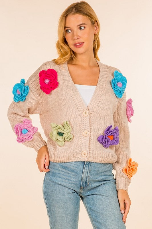 COLORFUL HANDMADE FLOWER V-NECK CARDIGAN