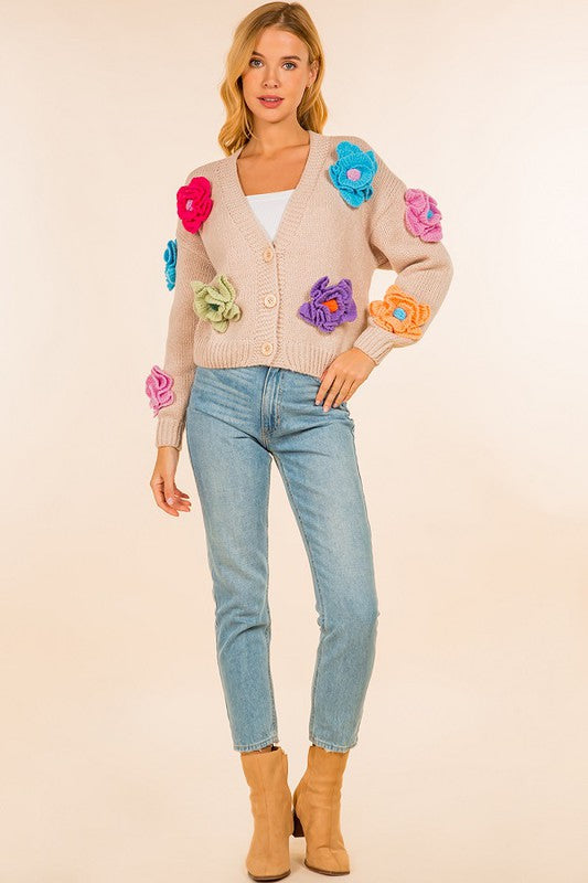 COLORFUL HANDMADE FLOWER V-NECK CARDIGAN