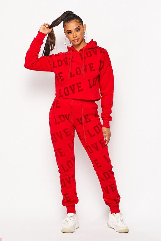 Red "Love" Printed Jogger & Hoodie Set