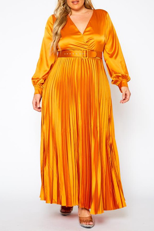 Toffee Brown Plus Size Pleated Maxi Flare Dress