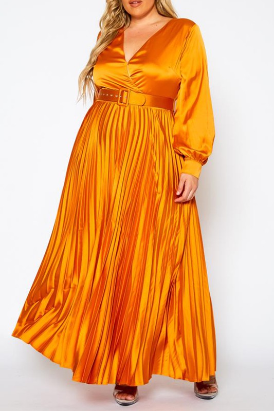 Toffee Brown Plus Size Pleated Maxi Flare Dress