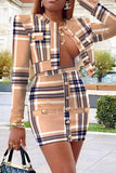 Plaid Print Tweed Coat Buttoned Skirt Set