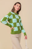 Oversized Contrast Checkerboard Long Sleeve Sweater Top