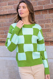 Oversized Contrast Checkerboard Long Sleeve Sweater Top