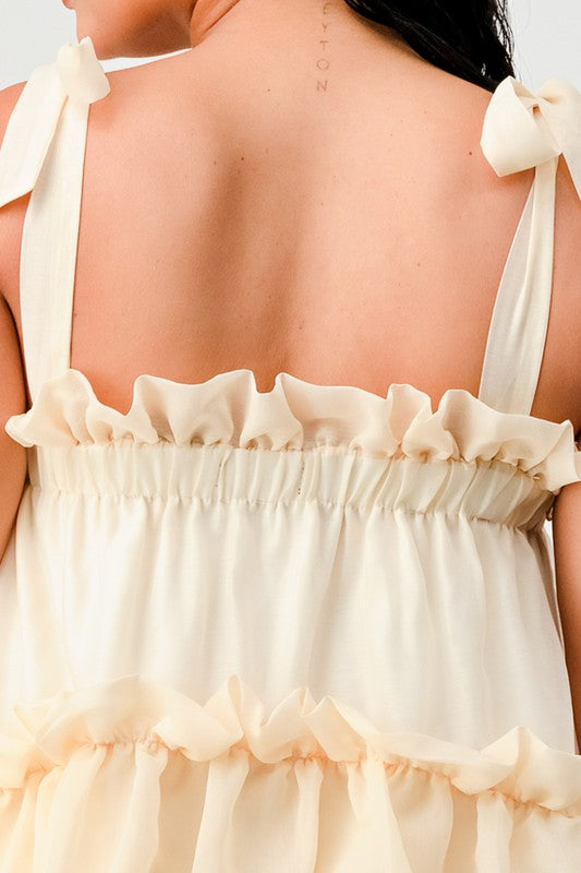 CREAM MULTI LAYER RUFFLE BABYDOLL MINI DRESS