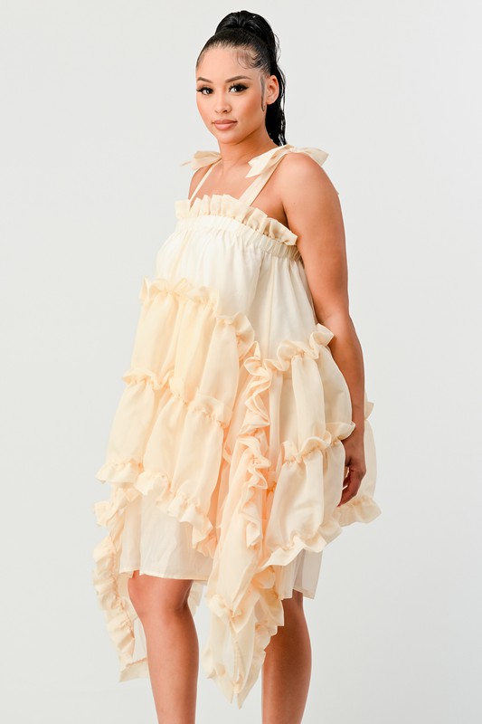 CREAM MULTI LAYER RUFFLE BABYDOLL MINI DRESS