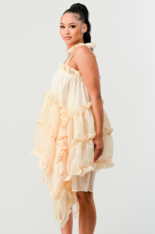 CREAM MULTI LAYER RUFFLE BABYDOLL MINI DRESS