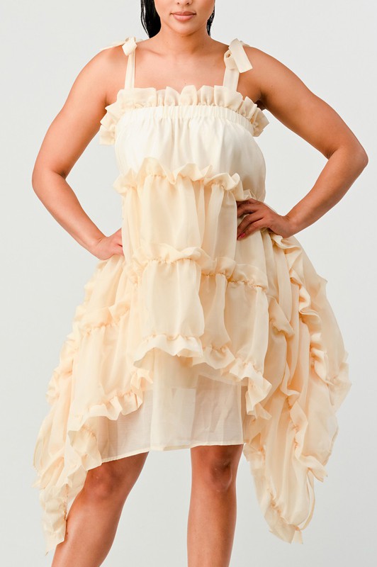 CREAM MULTI LAYER RUFFLE BABYDOLL MINI DRESS