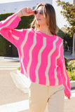 Pink & Ivory Wave Striped Pattern Drop Shoulder Top