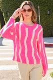 Pink & Ivory Wave Striped Pattern Drop Shoulder Top