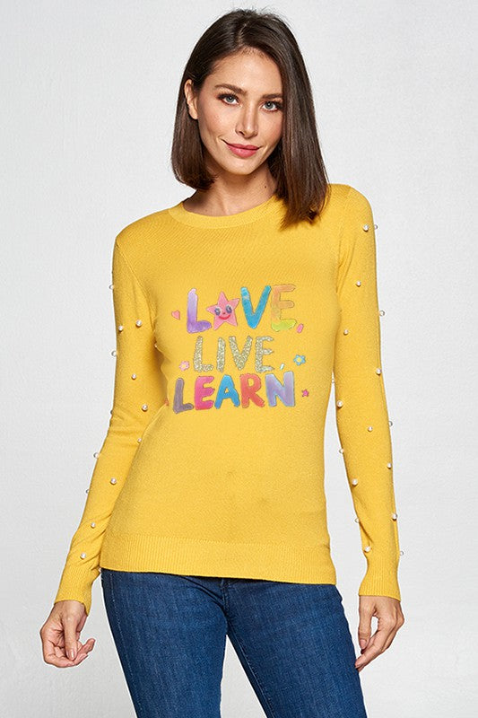 "Love Live Learn" Knit Long Sleeve Top with Pearls