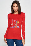 "Love Live Learn" Knit Long Sleeve Top with Pearls