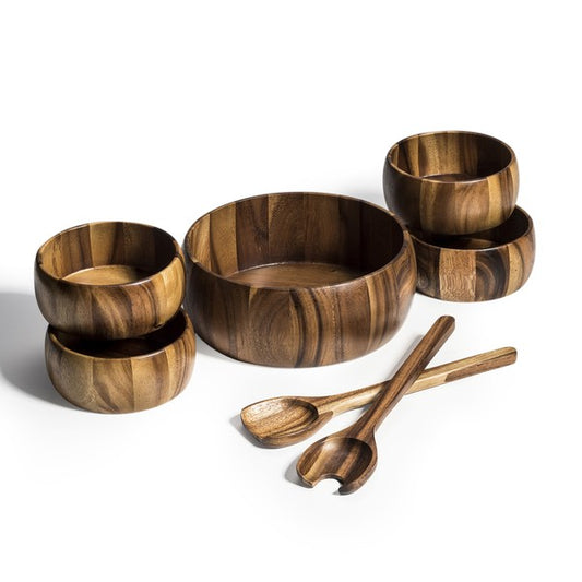 Acacia Wood 7 Piece- Large Salad Bowls & Servers