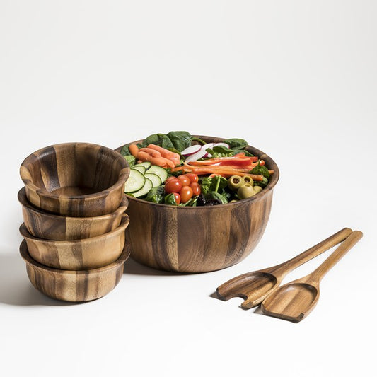 Acacia Wood 7 Piece- Large Salad Bowl Servers, 4 Ind