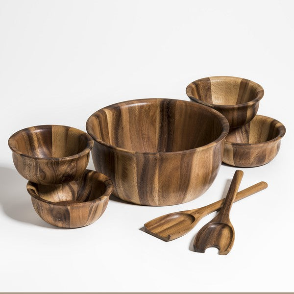 Acacia Wood 7 Piece- Large Salad Bowl Servers, 4 Ind