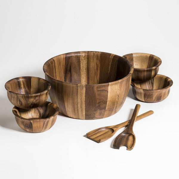 Acacia Wood 7 Piece- Xtra Large Salad Bowl Servers, 4 Ind