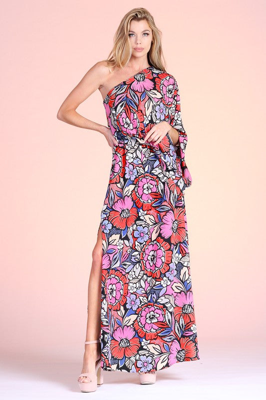 Fantasy Floral Slouchy One Shoulder Maxi Dress