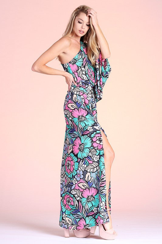Fantasy Floral Slouchy One Shoulder Maxi Dress