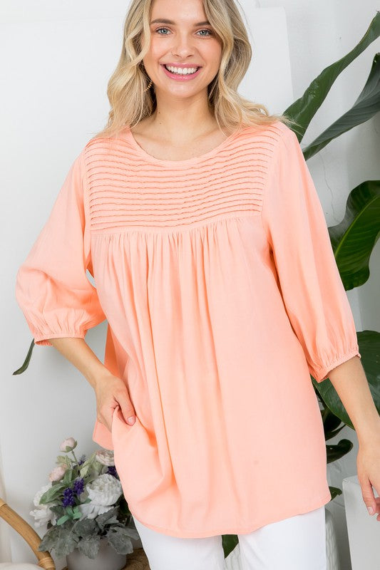 PLUS SIZE SOLID PINTUCK TUNIC BLOUSES