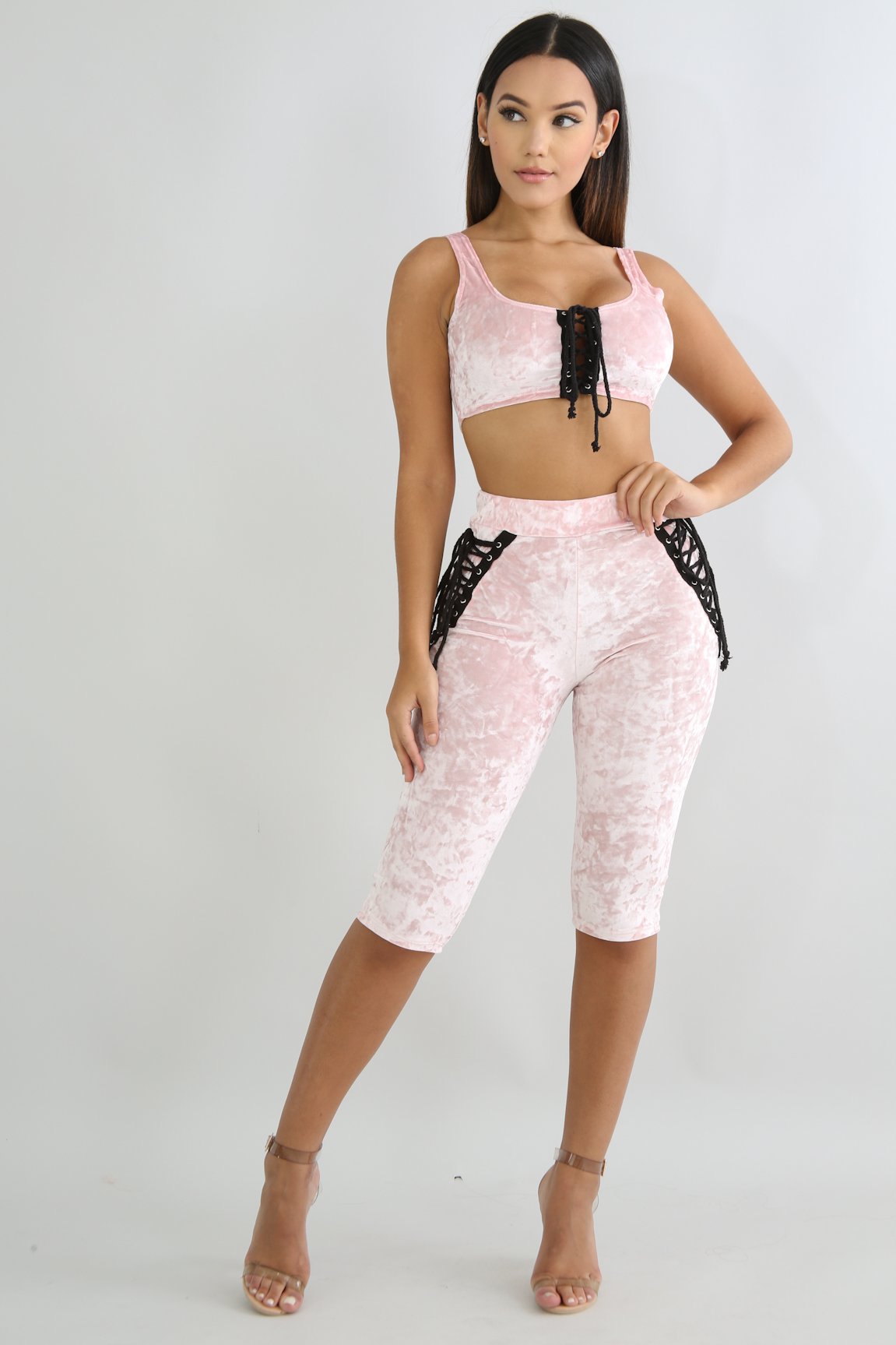 velvet pink capri corset tied set
