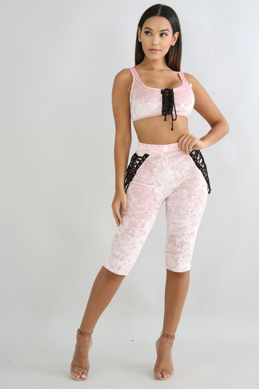 velvet pink capri corset tied set