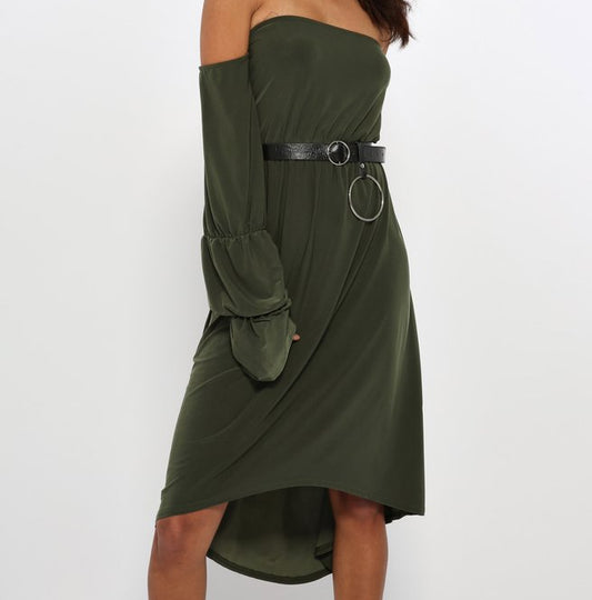 high low shoulder stuck dress