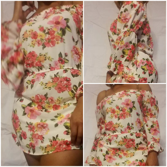 pink floral off shoulder chiffon mini dress