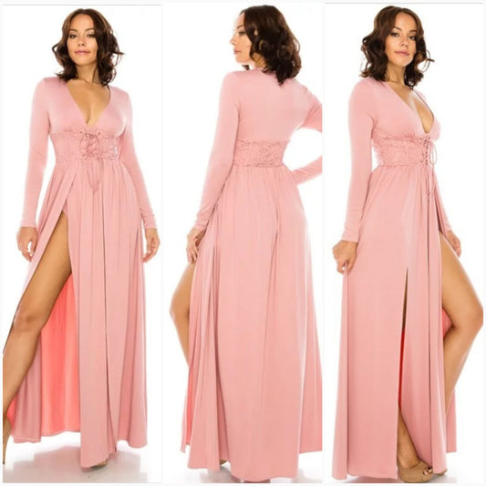 double slit mauve laced front maxi dress