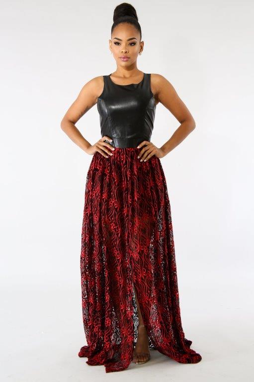 black & red leatherette maxi dress