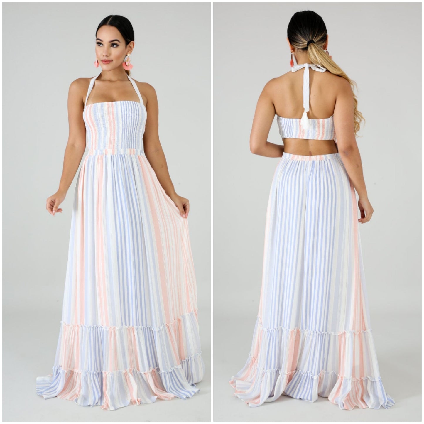 cotton candy striped halter maxi dress
