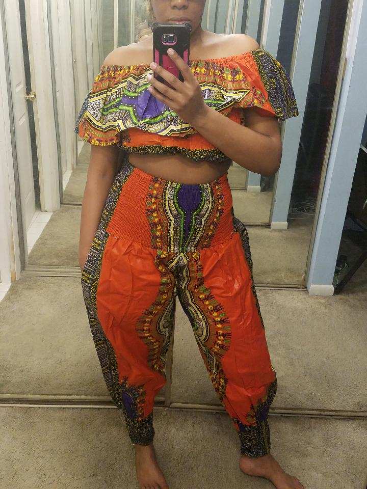 traditional print off shoulder top & genie pants set