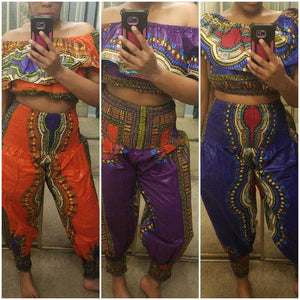 traditional print off shoulder top & genie pants set