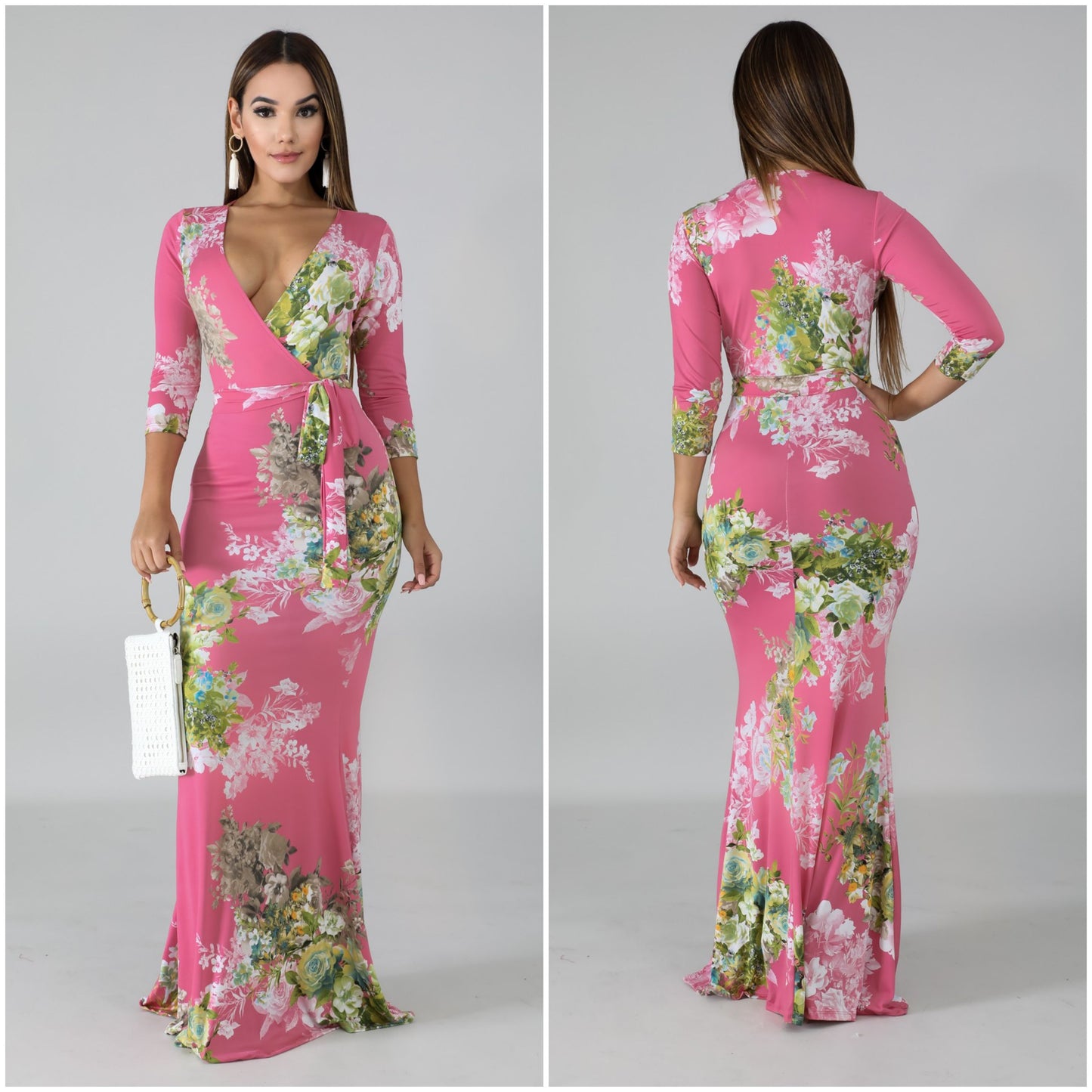 pink floral blossom 3/4 sleeve maxi dress