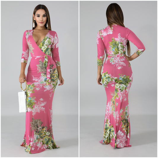 pink floral blossom 3/4 sleeve maxi dress