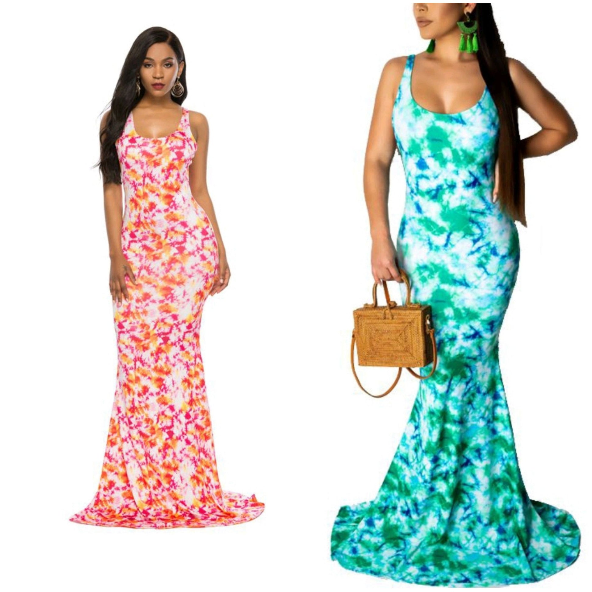 tie dye low back fish tailed maxi dress