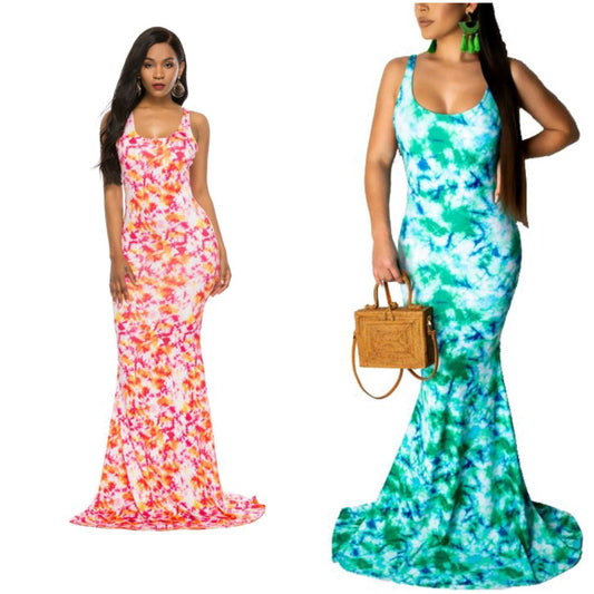 tie dye low back fish tailed maxi dress