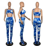 blue & white ruched stacked pants & cropped top tie dye set