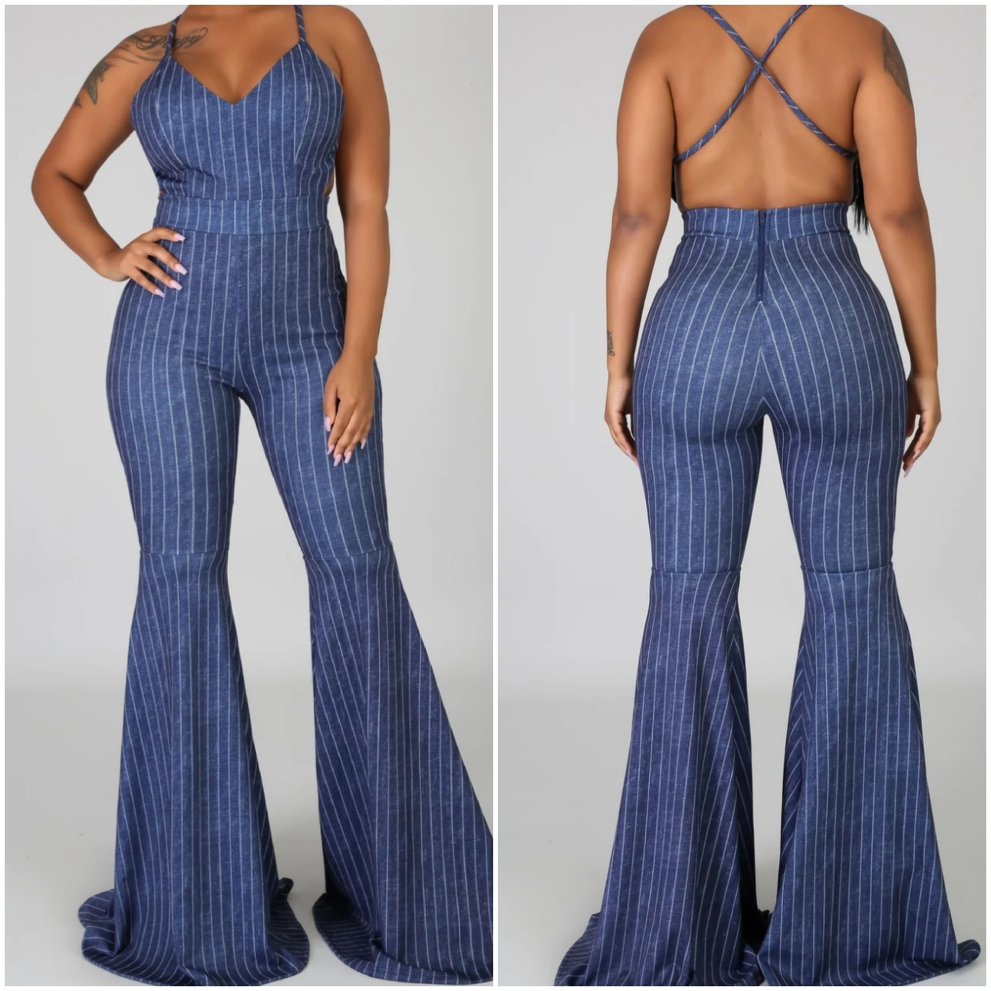 stretch denim criss cross back bell bottom jumpsuit