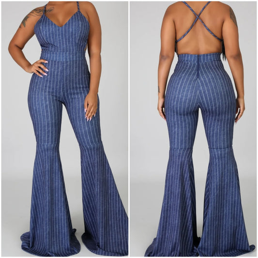 stretch denim criss cross back bell bottom jumpsuit