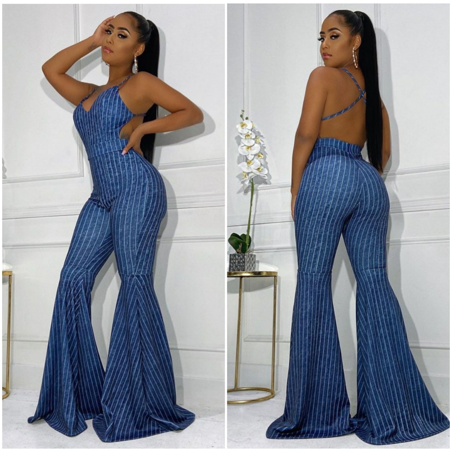 stretch denim criss cross back bell bottom jumpsuit