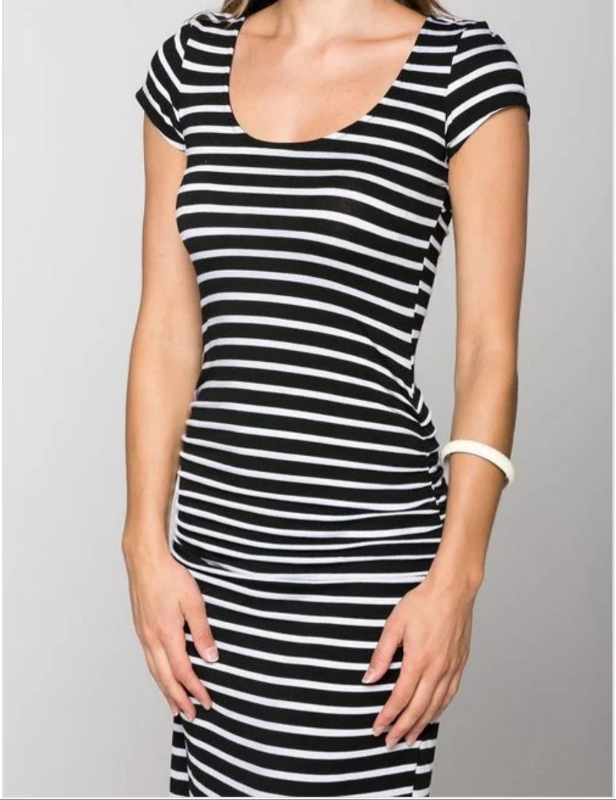 black & white striped leg slit maxi dress