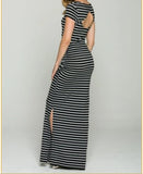 black & white striped leg slit maxi dress