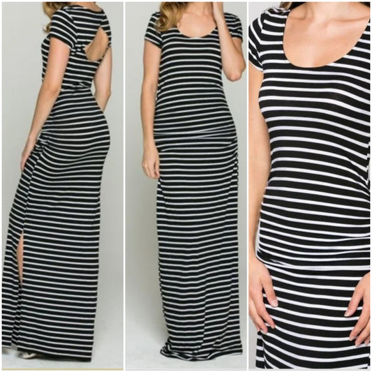 black & white striped leg slit maxi dress