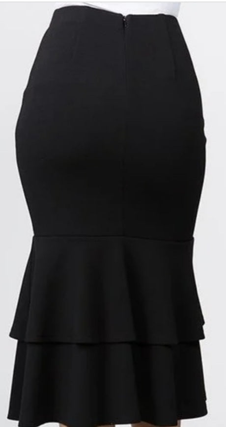 black tiered ruffled mermaid midi skirt