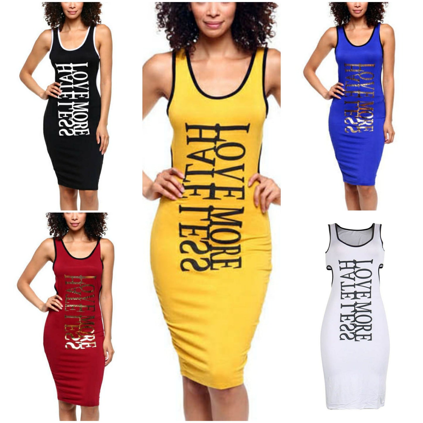 "love more hate less" word printed open back dress