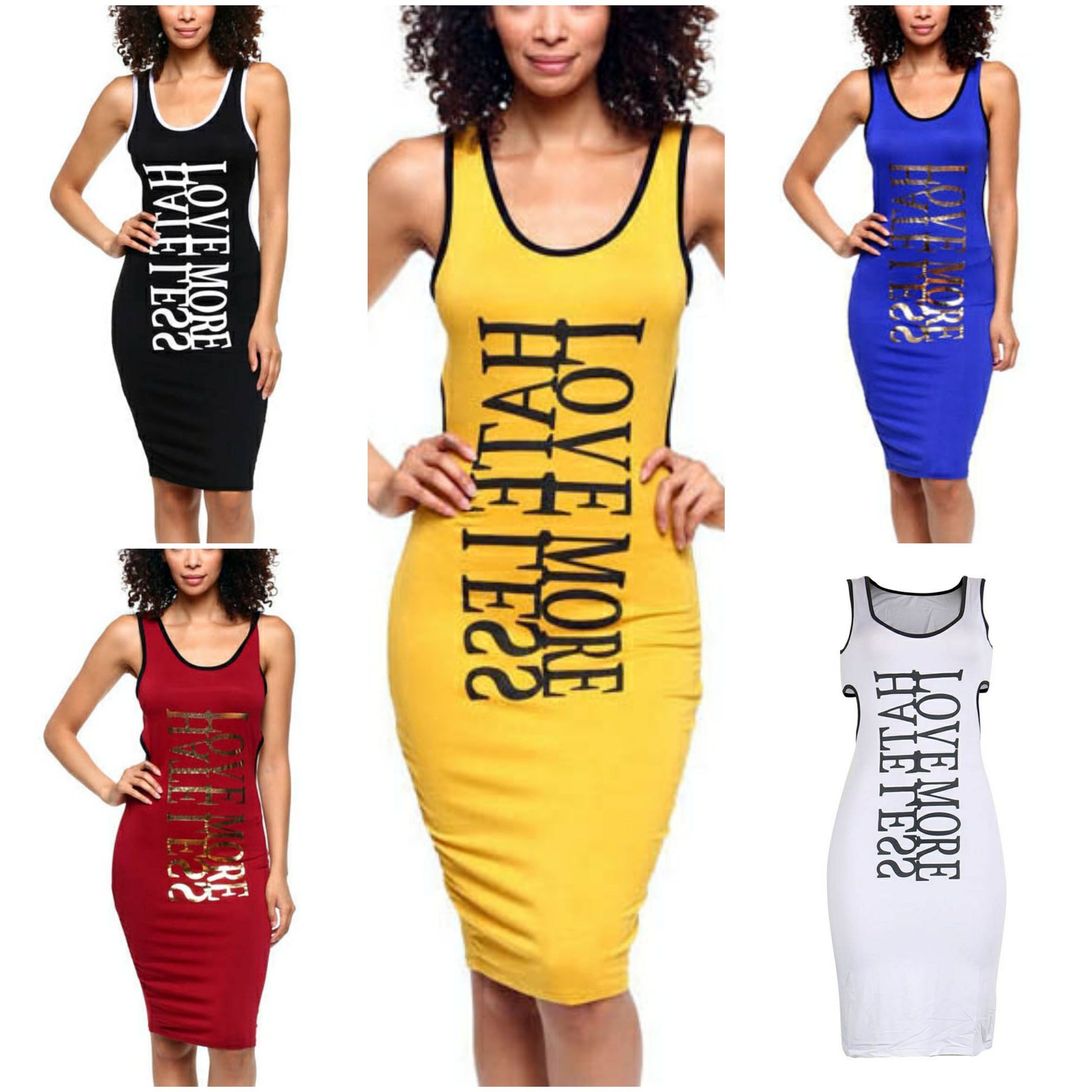"love more hate less" word printed open back dress
