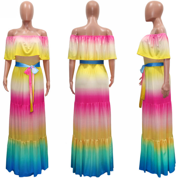 gradient ombre multicolored off shoulder tiered maxi dress