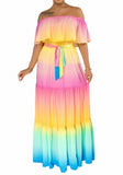 gradient ombre multicolored off shoulder tiered maxi dress