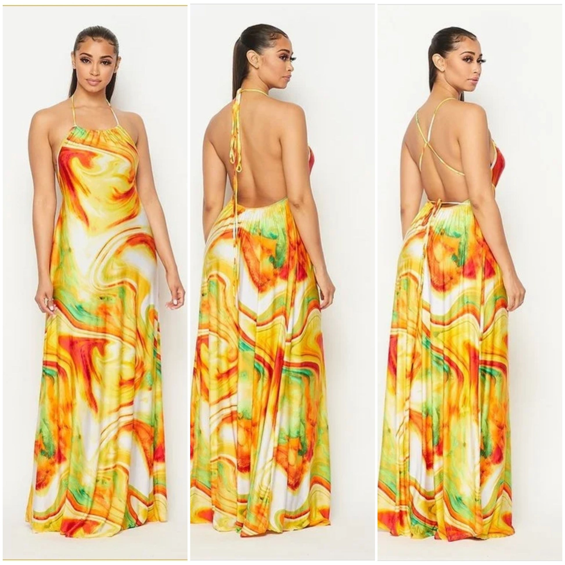 tangerine open back maxi dress
