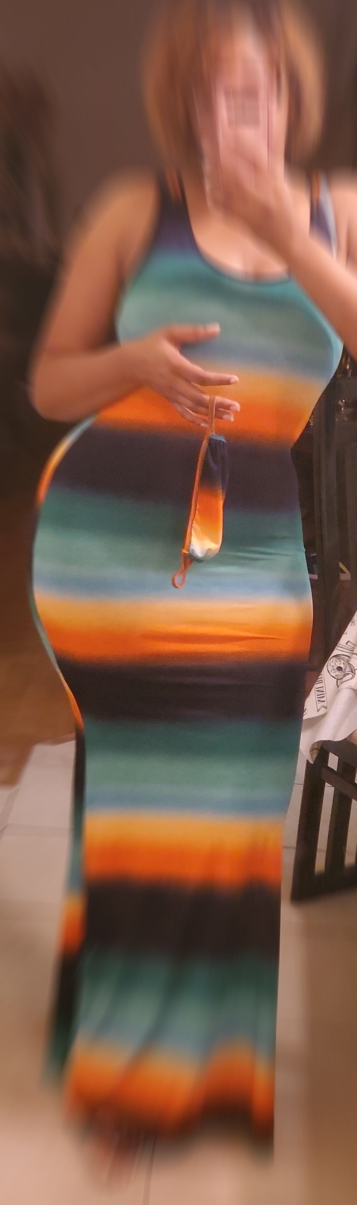 multicolor striped maxi dress with matching face mask